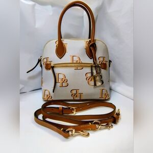 DOONEY & BOURKE Monogram Ash/Beige Canvas & Brown Leather Domed Satchel (NWOT)